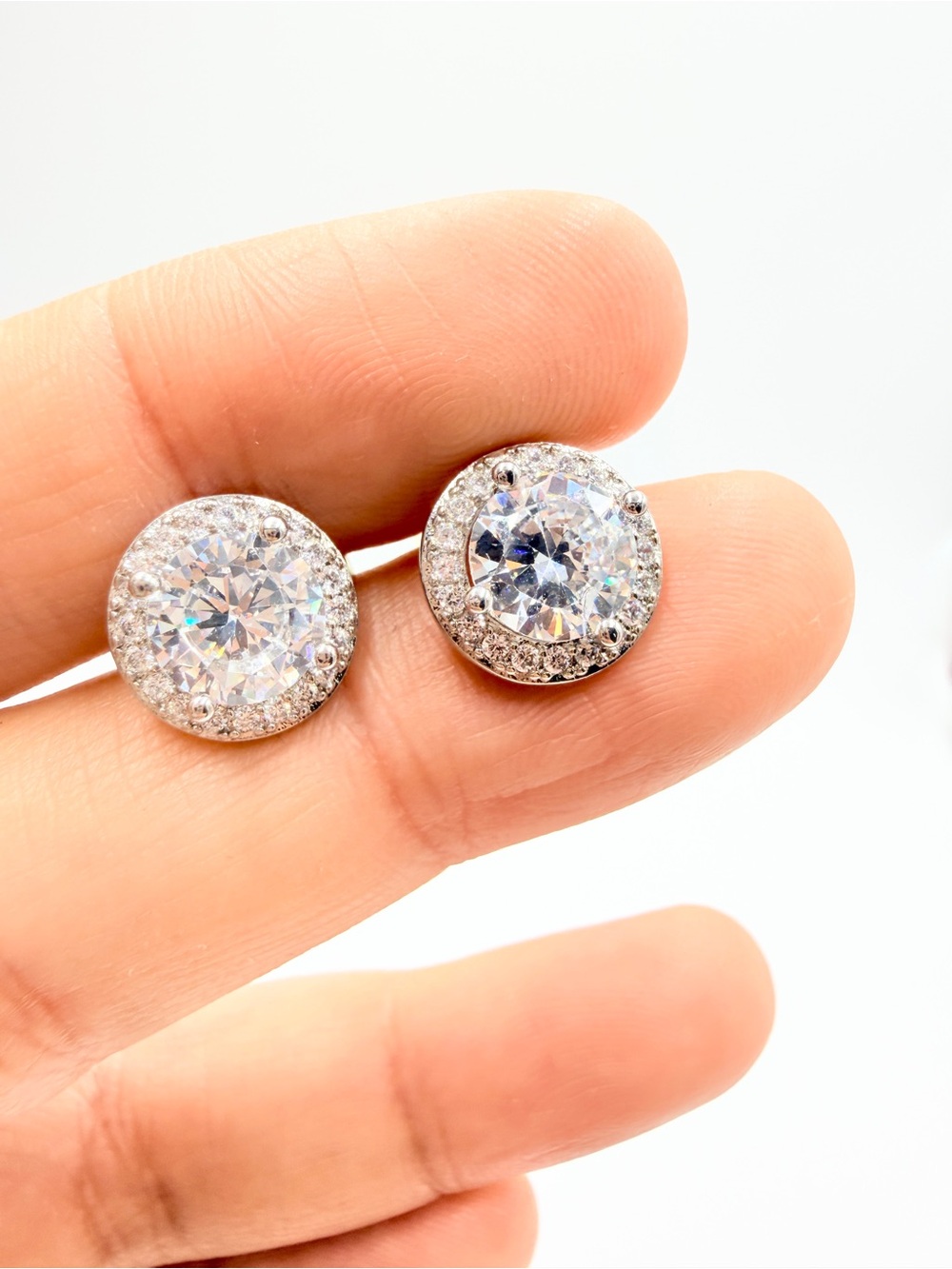 Silver Tone CZ Halo Clip-On Earrings Round Cubic Zirconia Studs